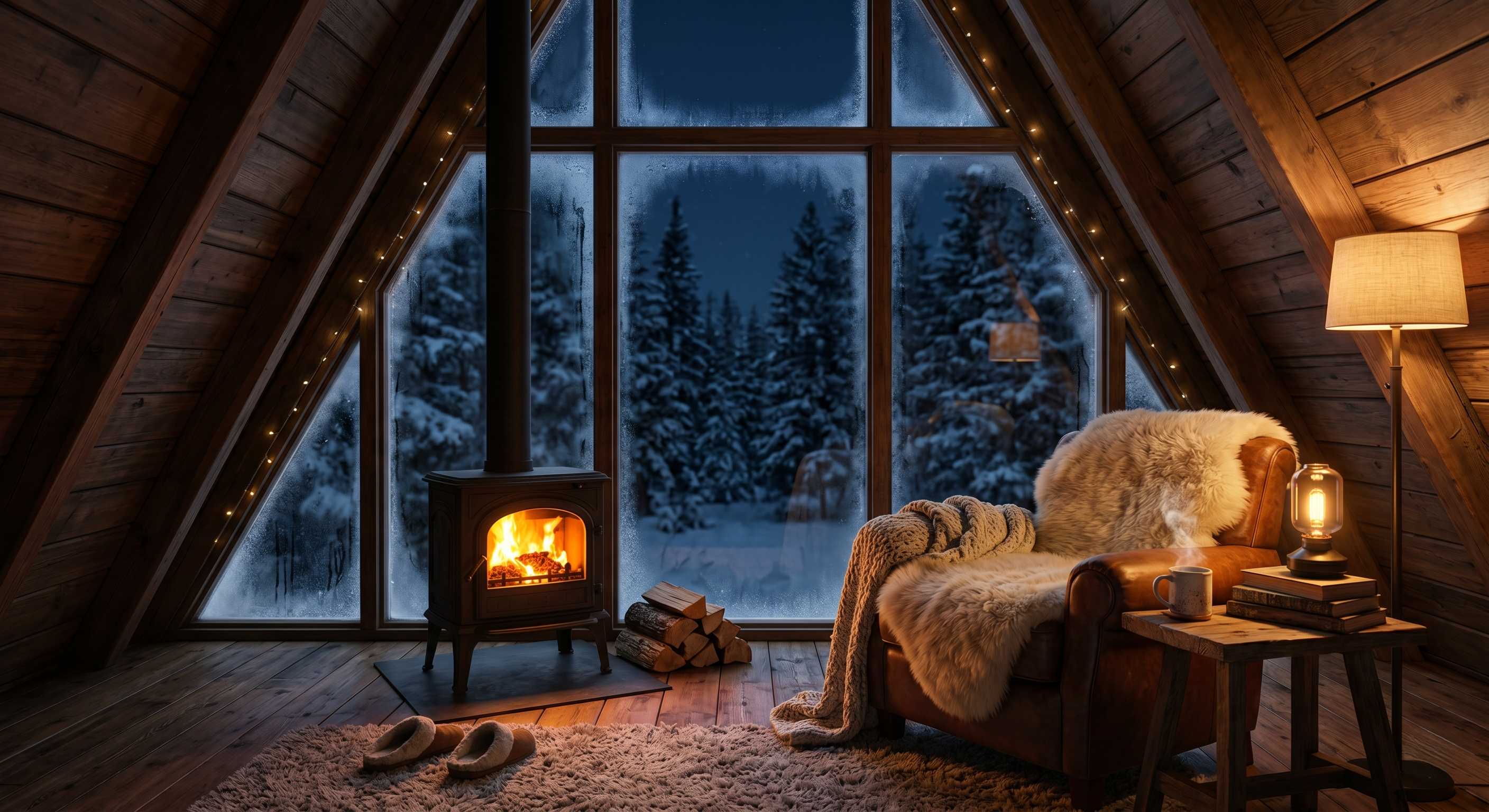 Example image for the prompt: Forest cabin, cozy interior