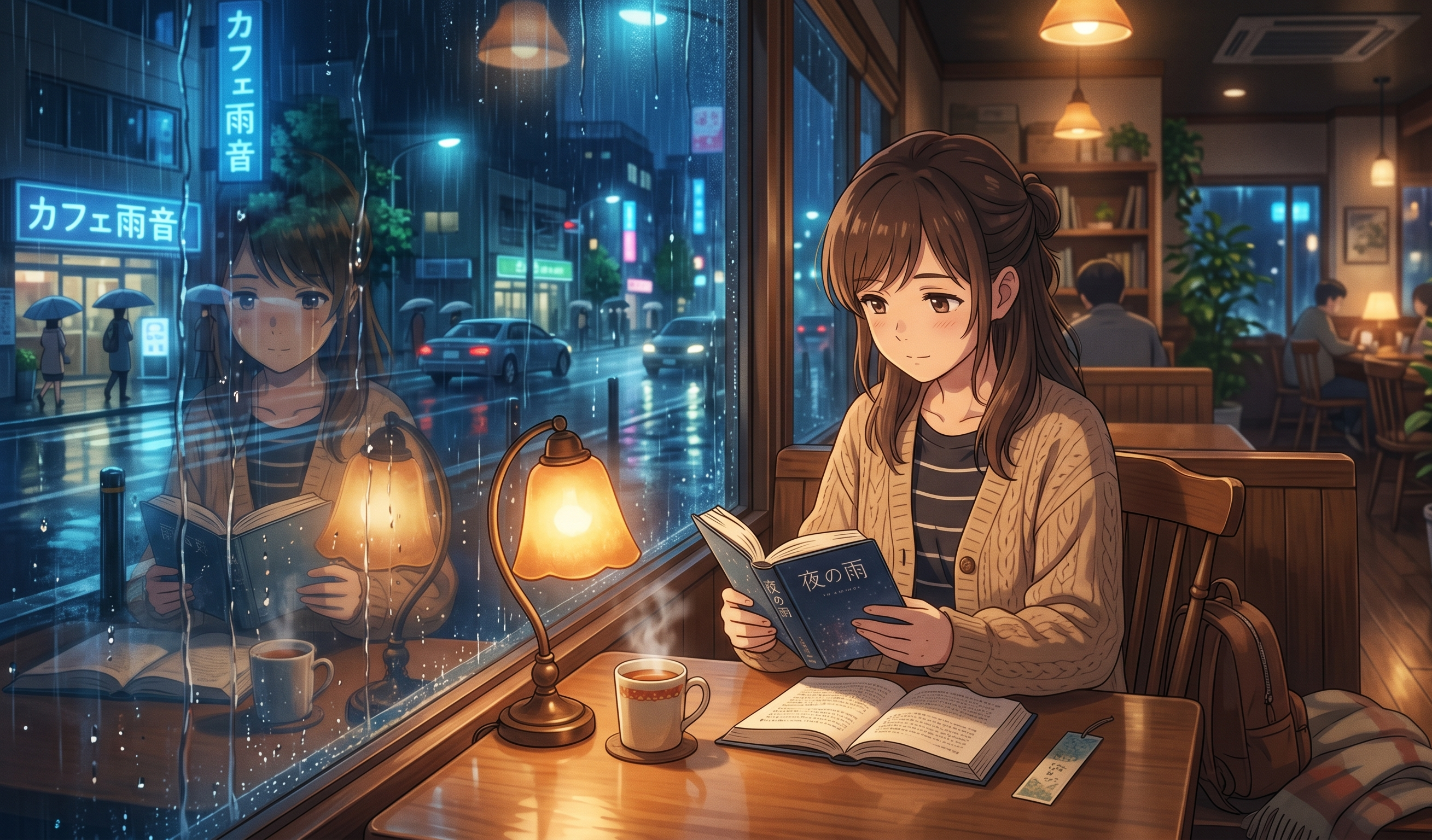 Example image for the prompt: Rainy café anime scene