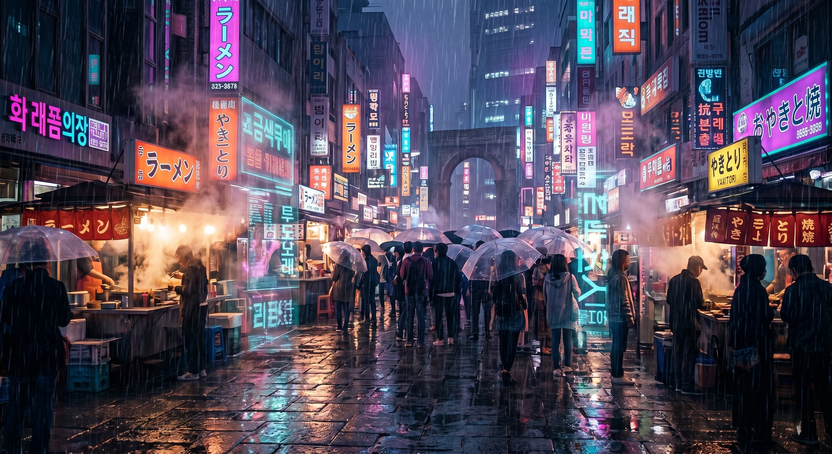 Example image for the prompt: Rain-soaked cyberpunk market