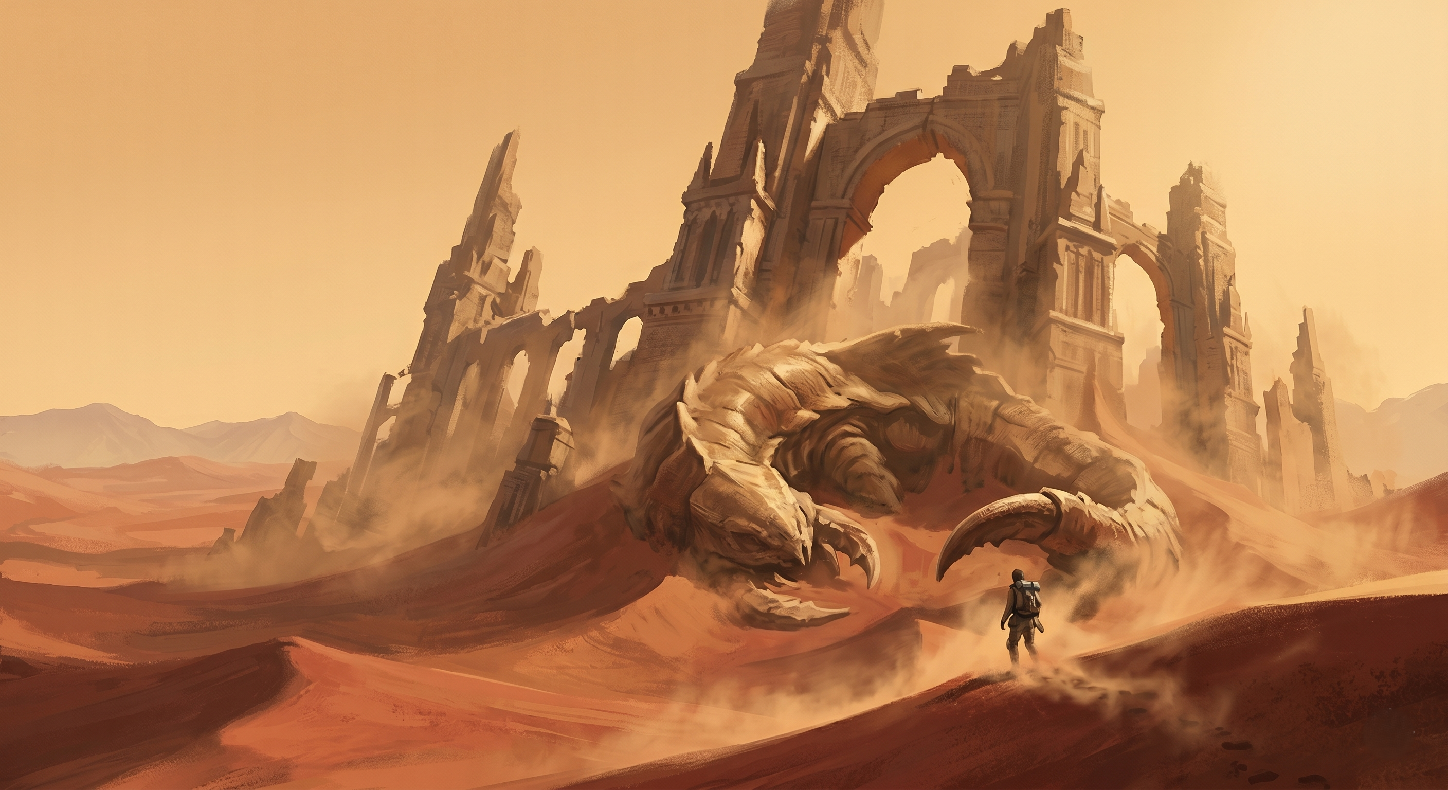 Example image for the prompt: Ancient desert ruins & creature