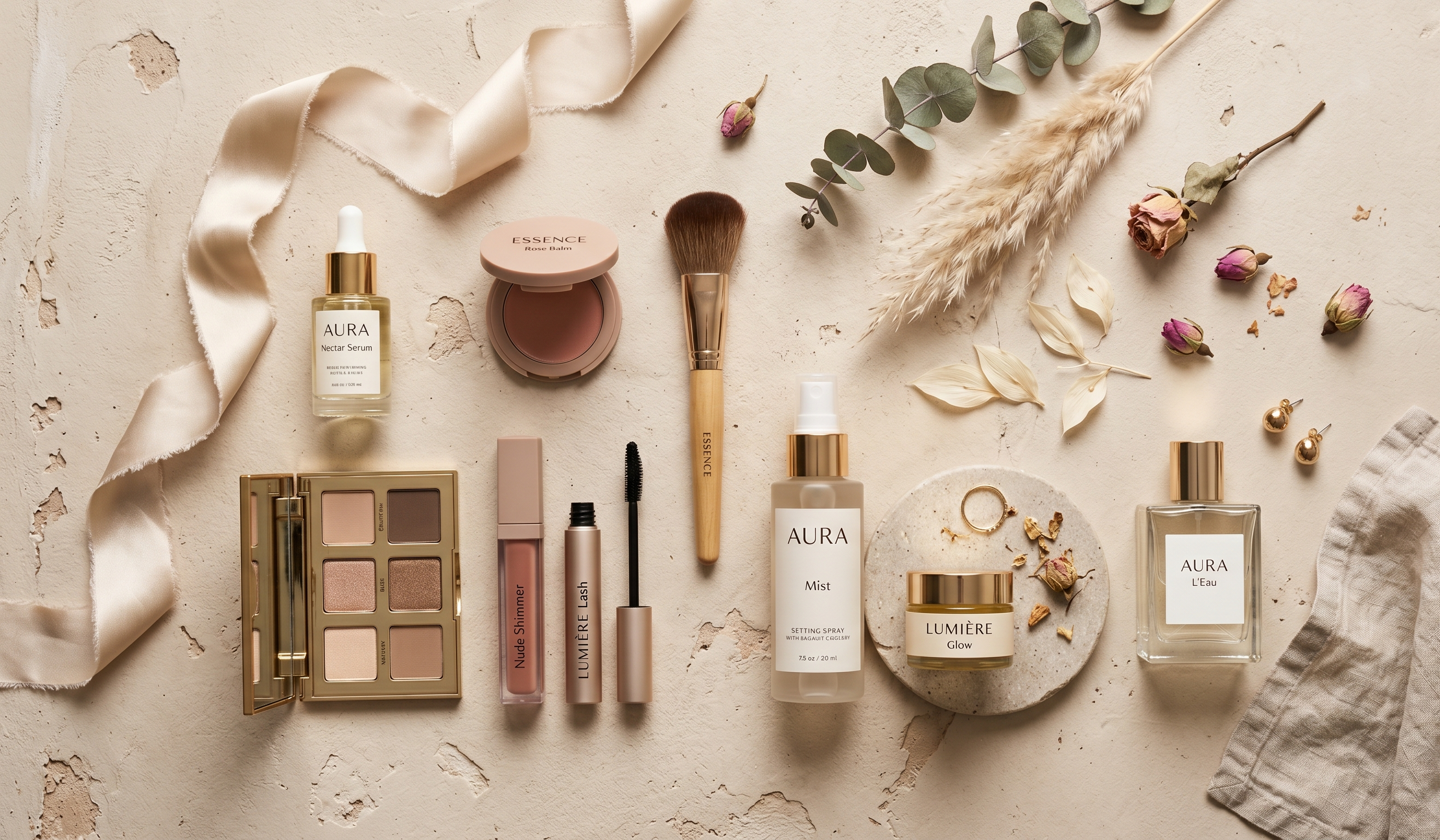 Example image for the prompt: Editorial cosmetics flat-lay