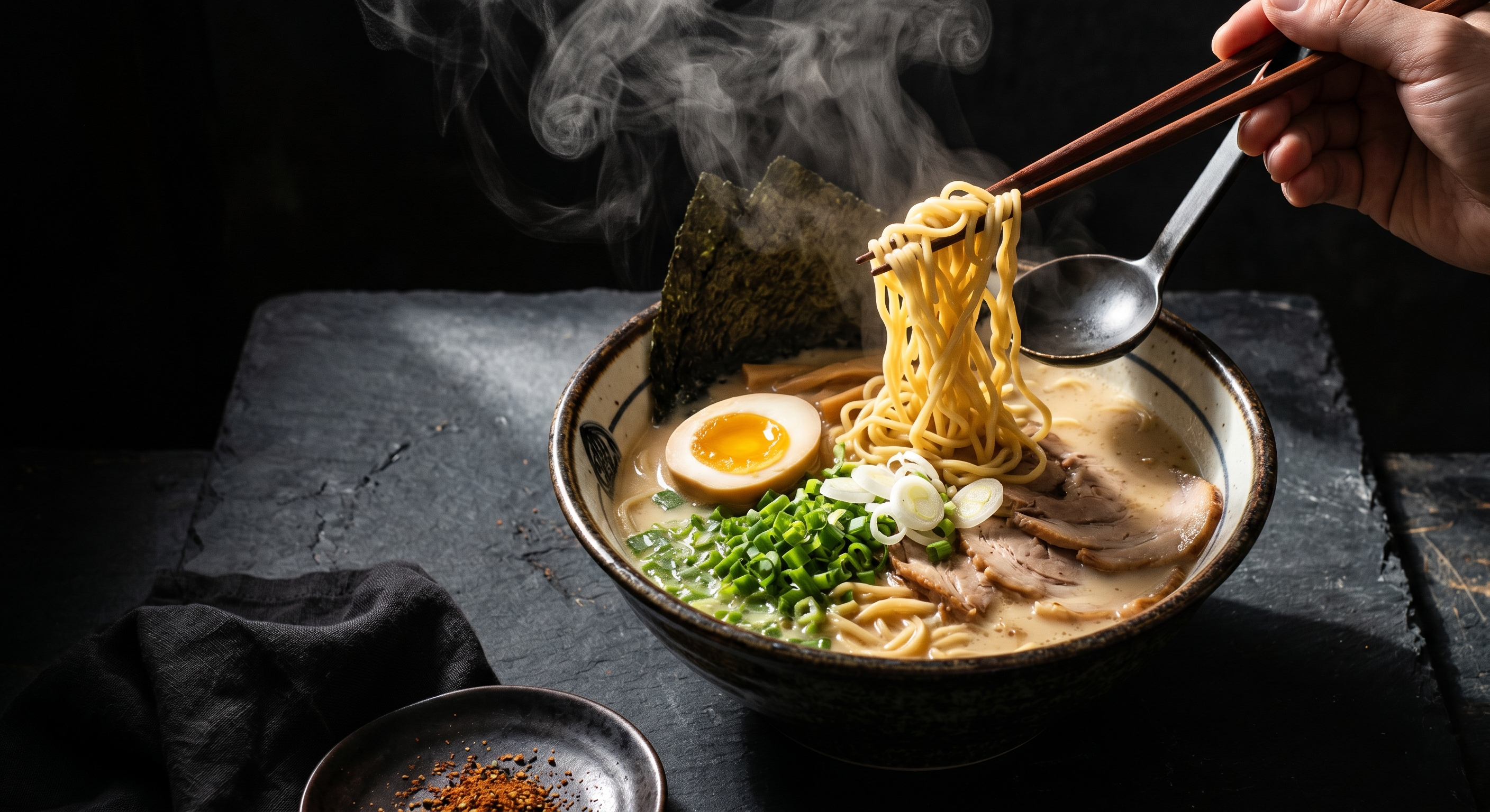 Example image for the prompt: Dark & moody ramen bowl