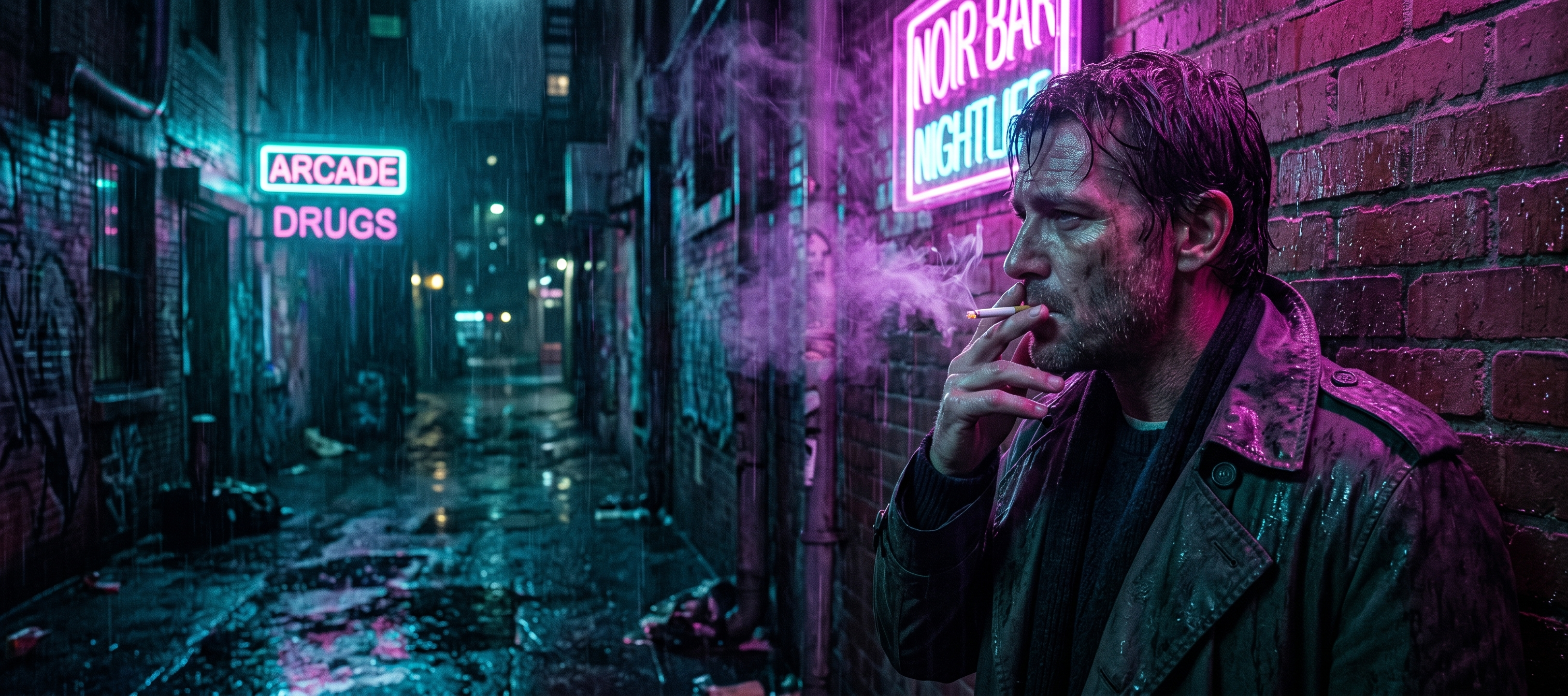 Example image for the prompt: Neon-noir side profile