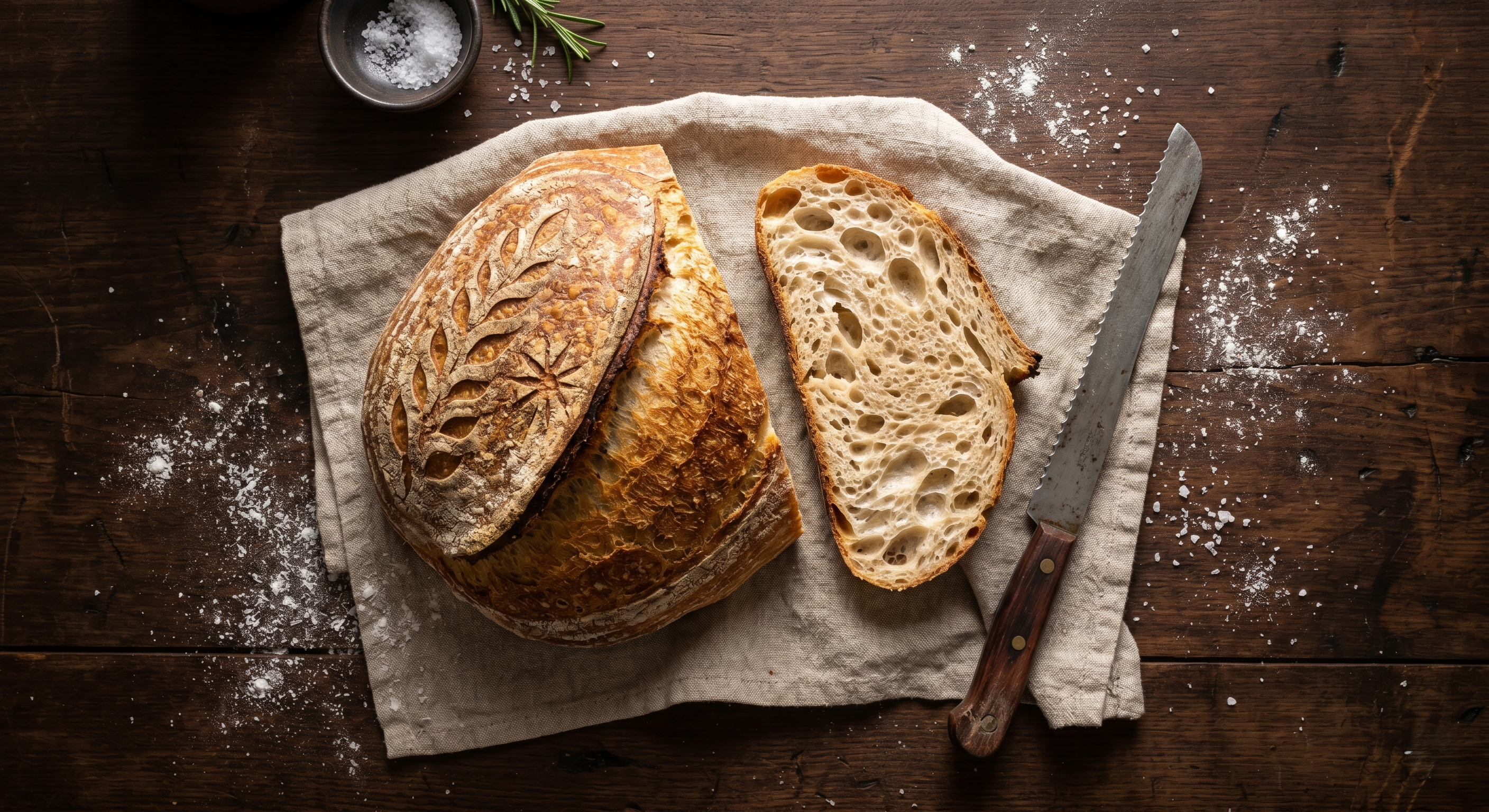 Example image for the prompt: Rustic sourdough flatlay